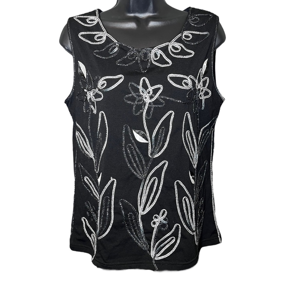 Lauren Michelle Sleeveless Black Metallic Cord Floral Design Top